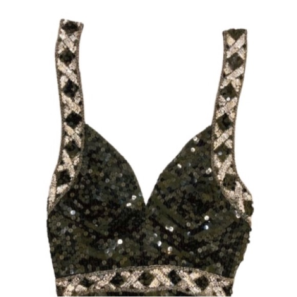 Special Occasion Gown By Caché: Black & Silver Sleeveless Sequin Gown - Size 6 - Picture 10 of 13